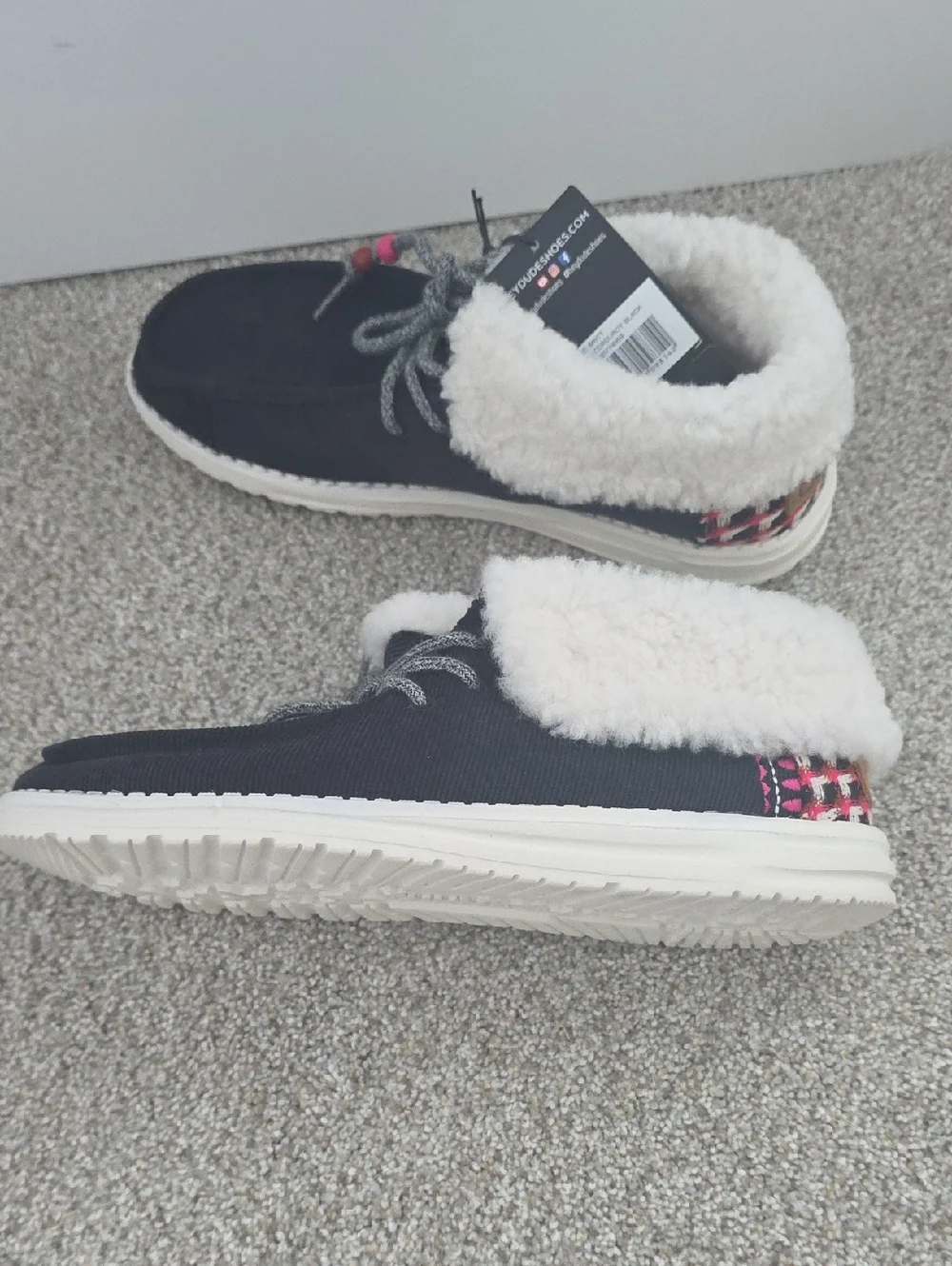 Hey Dude Womens Black Slip-On Shoes with Cream Lining and Pink Bead Accents - Picture 5 of 8